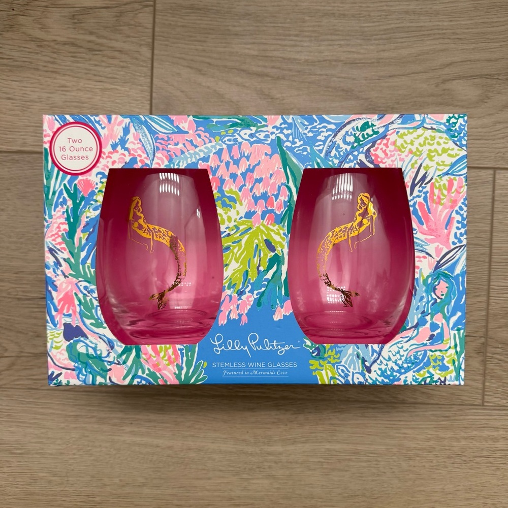 Lilly Pulitzer Stemless Wine Glasses Mermaid Design